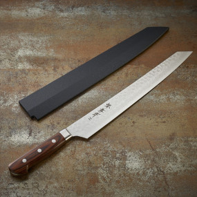Kiritsuke Yanagiba sashimi knife, Damascus 17 layers hammered blade 300mm