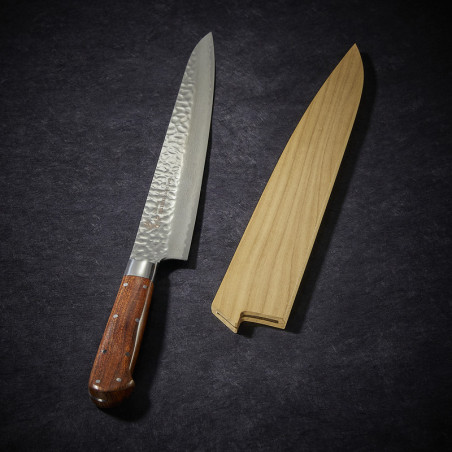 Cuchillo rebanador con 33 capas en acero de Damasco y hoja martillada de 240 mm