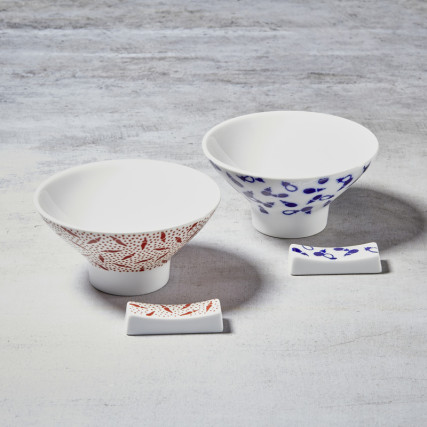 Pair of porcelain rice bowls and chopstick holders