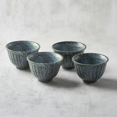 Set of 4 blue Shinogi rice bowls